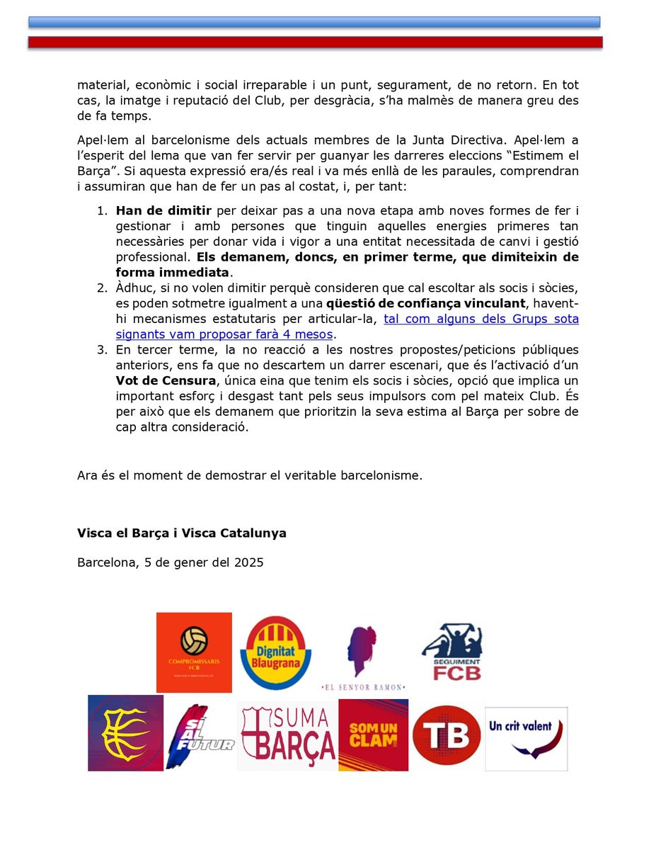 Estimar al Barça 
Petició de dimissió