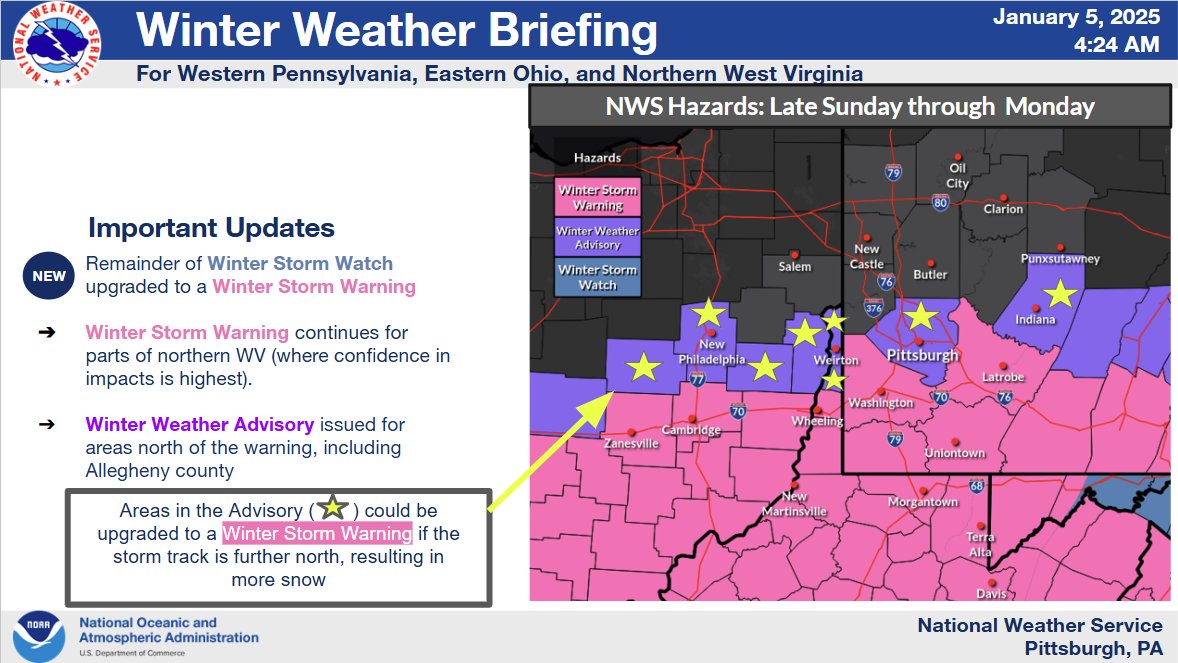 NWSPittsburgh's tweet photo. The remainder of the Winter Storm Watch has been upgraded to a Winter Storm Warning. A Winter Weather Advisory also issued just to the north of the warning. Images below contain more details on the upcoming winter weather. Latest at https://t.co/nR4yhzEq8F. https://t.co/1x2cGfGHdw