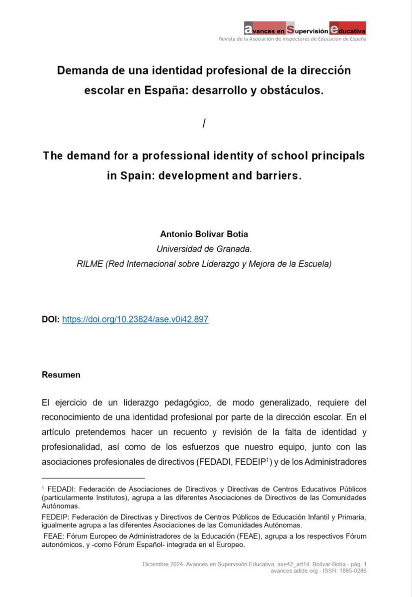 Demanda de una identidad profesional de la dirección escolar en España: desarrollo y obstáculos. 

Por Antonio Bolívar Botía. 

¿Hacia una profesionalidad de la dirección escolar? 

avances.adide.org/index.php/ase/… 

¡Nuevo número de la revista Avances!