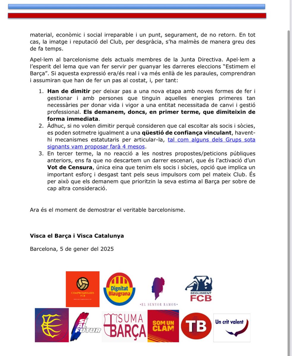 El futur del Barça, pendent de l’ordenament jurídic espanyol per una nova negligència greu de Laporta, ara amb les inscripcions. Gràcies per tot, però marxa Jan, ja n’hi ha prou! 
Comunicat conjunt de 10 grups d’opinió, plataformes i associacions culers #EstimarElBarça