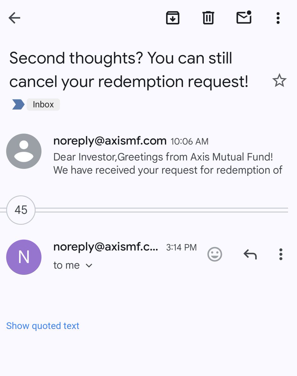 anulpan's tweet photo. @AxisMutualFund - I did a redemption today from one of the axis mutual fund and I got 47 emails by now to rethink the decision in last 5 hours.
What kind of behaviour is this? https://t.co/Djsv0ZWEhB