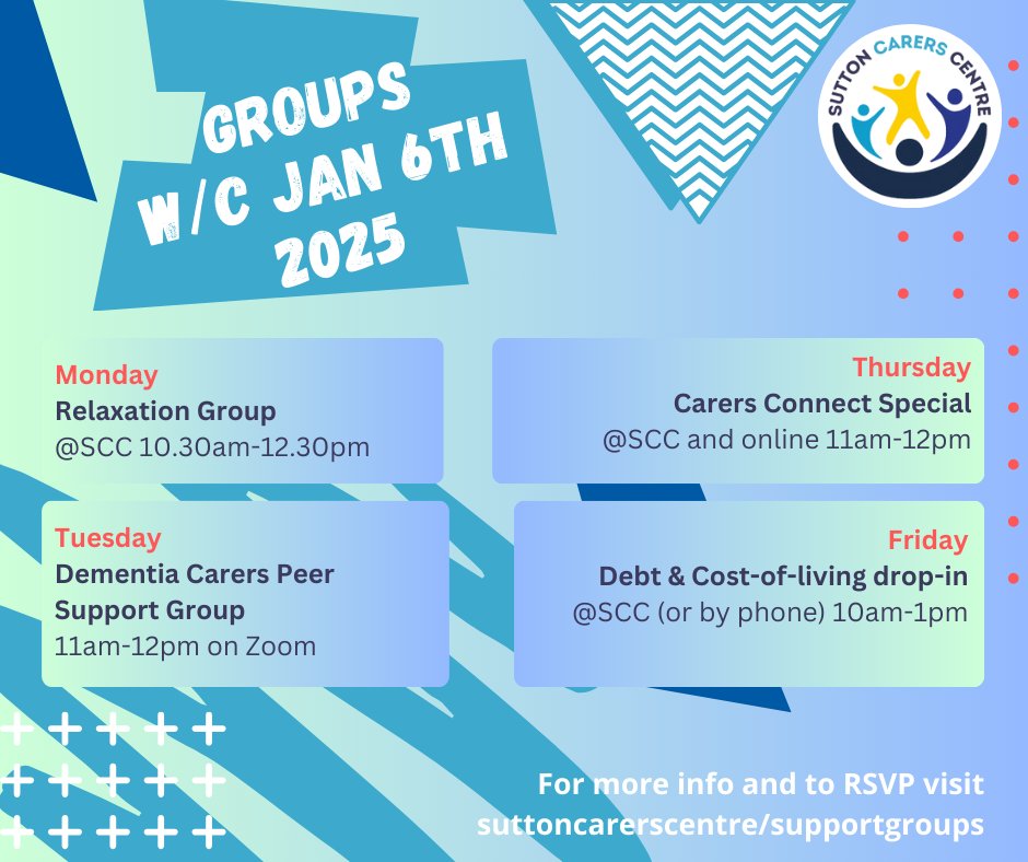 SuttonCarers's tweet image. Our first full week of the New Year is coming up with #unpaidCarers support groups.  Get set for some special sessions, including 3x #maleCarers #Wellbeingworkshops this month, and Carers Connect Talks - check our website for details.