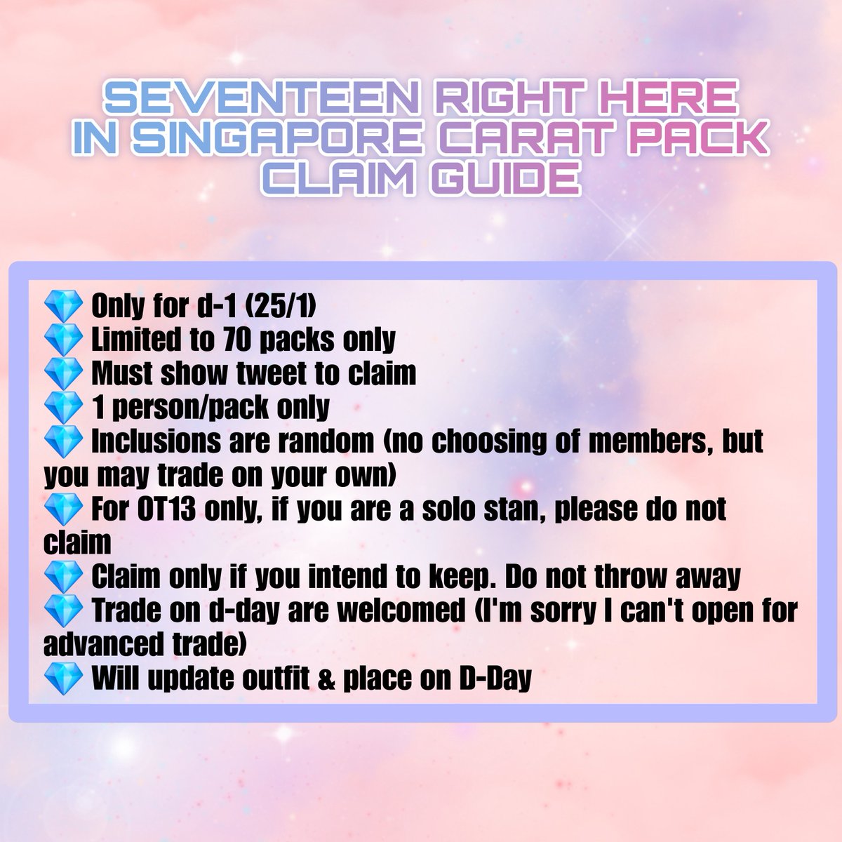 theleialee's tweet photo. ☆ SVT Right Here in SG Carat Pack ☆ by Leialee23

💎 25th January 2025 (Saturday)
💎 Exact time &amp; place tba

See you there!

#SEVENTEEN_RIGHT_HERE_IN_SINGAPORE #SVT_RIGHT_HERE_IN_SINGAPORE https://t.co/9DhwfqMJsS
