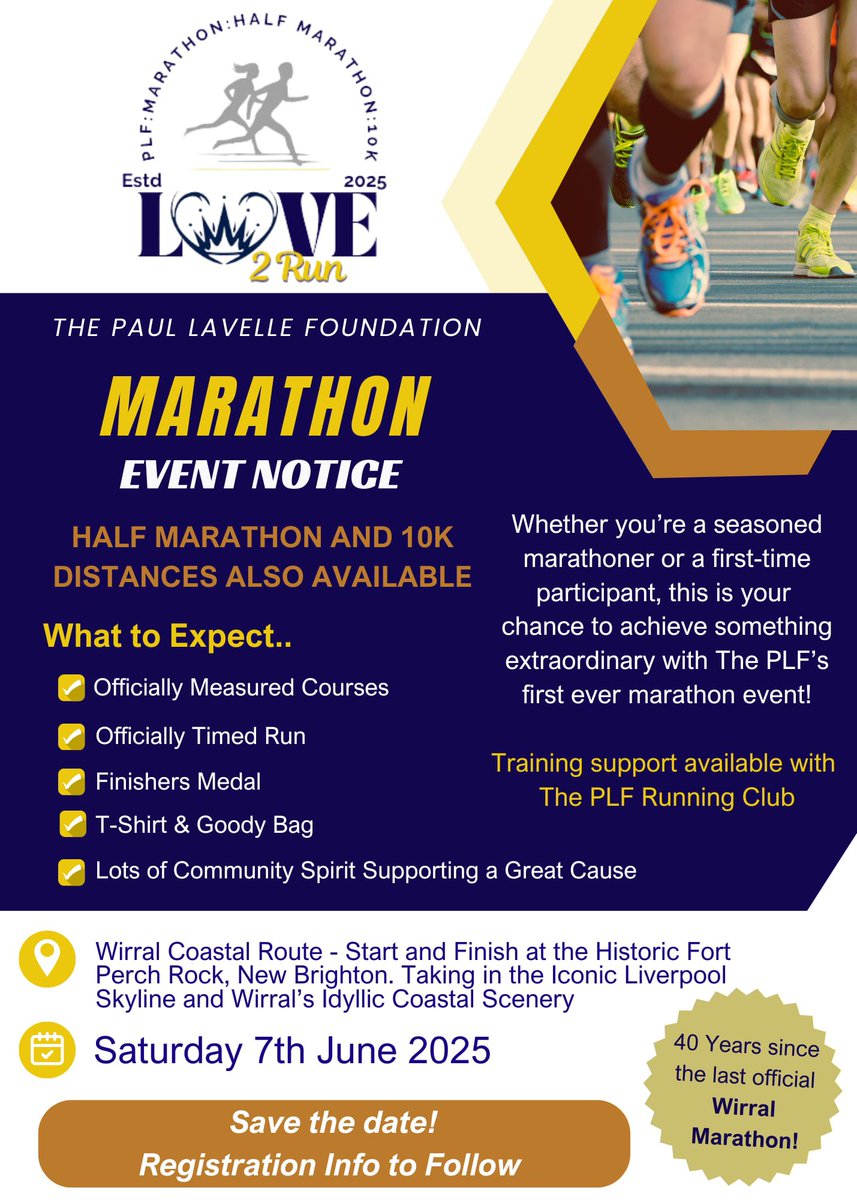 We are made up and extremely proud to announce that we have secured the date and acceptance with the local council to stage the first Wirral marathon since 5th June 1985… almost 40 years to the very day… hats off to all those involved with this … time to get training 🏃🏃‍♀️