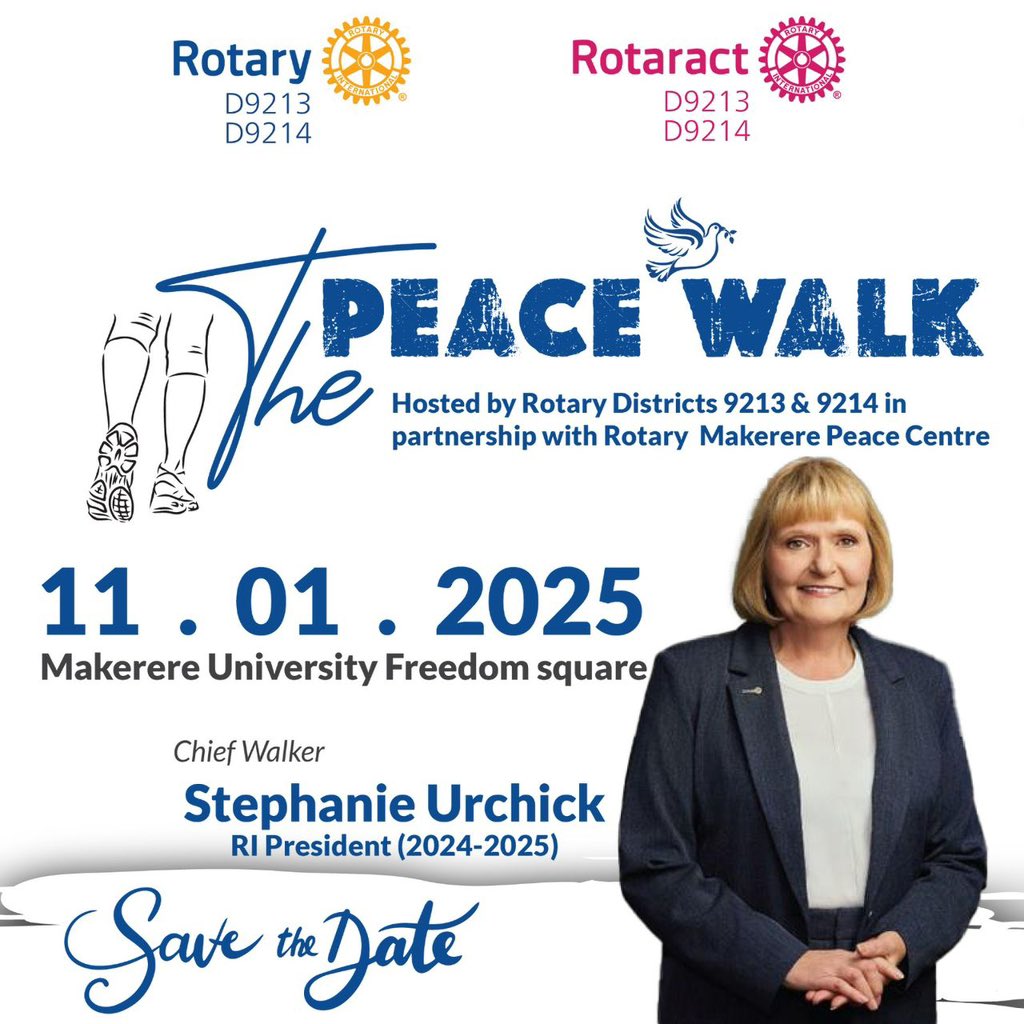 HCP_Maggie's tweet photo. @peacewalkambass 

“Peace is the path, and we’re walking it together, @RotaryD9214 and @RotaryD9213 ! Join our Peace Walk this Saturday to inspire peace, hope and love.

*#RIPresidentVisitsUG* 
*#PeaceWalk2025*
*#11thJanuary*
*#FunAndFREE*
*#DressCodeWhite* https://t.co/KwltaHx4BH