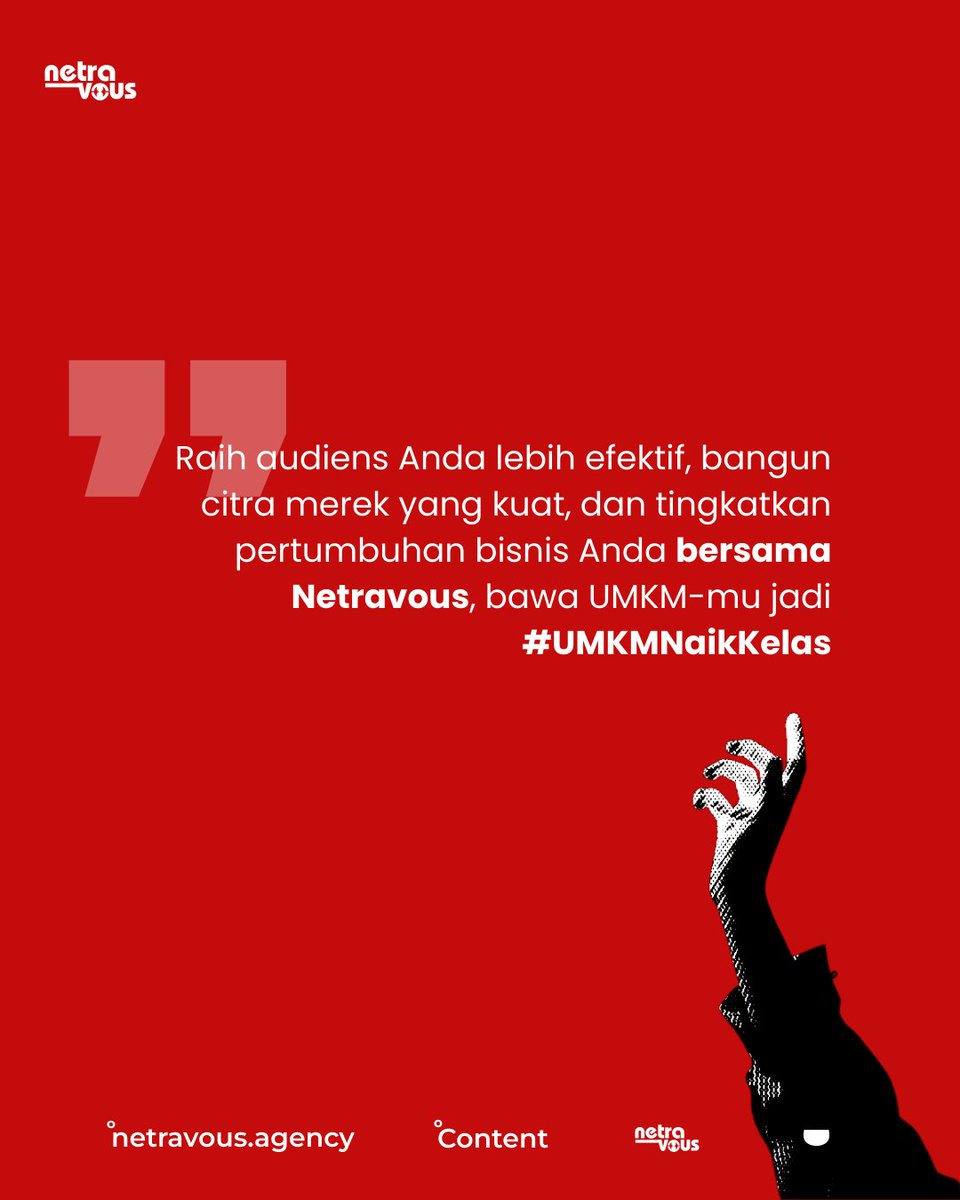netravous's tweet photo. 💡 Saatnya UMKM Naik Kelas!
Raih audiens yang lebih efektif dan kembangkan bisnis Anda bersama kami. Yuk, #UMKMNaikKelas dengan Netravous. 🌍

#Netravous #SocialMediaManagement #SocialMediaAgency #CreativeAgencyIndonesia #CreativeAgency #CreativeAgencyTasikmalaya https://t.co/4MZFN1WIqL