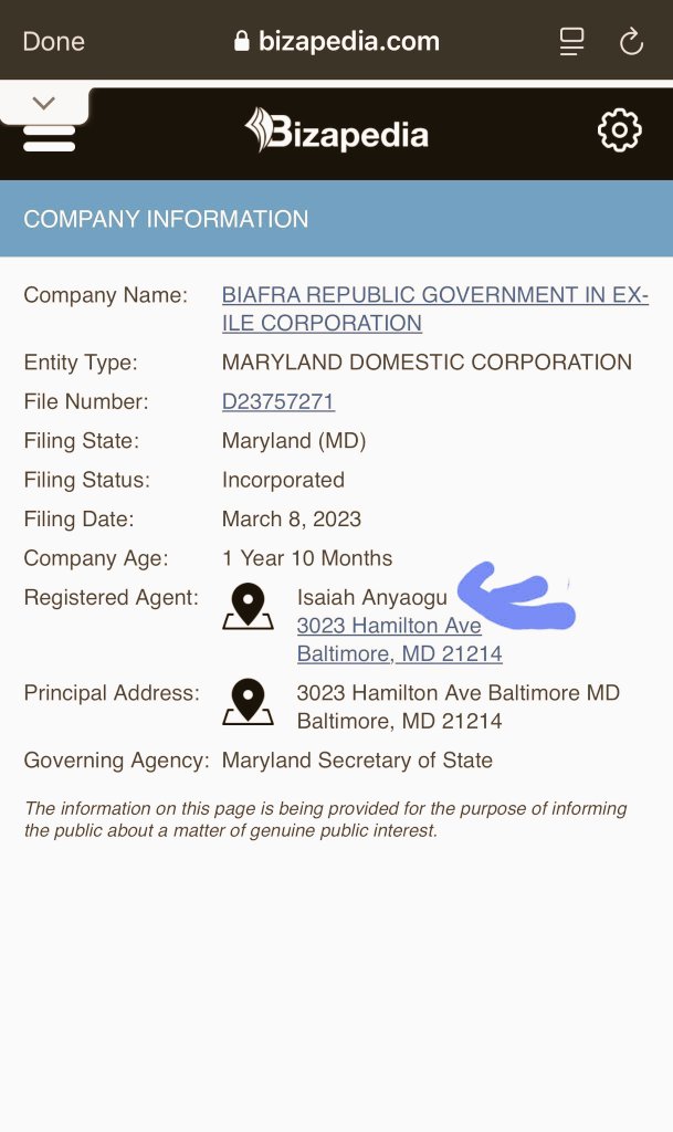 WeGlobalSouth's tweet photo. ⚡️🚨Biafrans:

This criminal called Isaiah Anyaogu a.k.a Oge Nkere registered biafra Republic government in exile as his personal company,  not even as organisation and in legal terms he's the owner of the company in Maryland, USA.

@Akparawasunny what do you've to about this?
👇 https://t.co/pqnNNoobMG