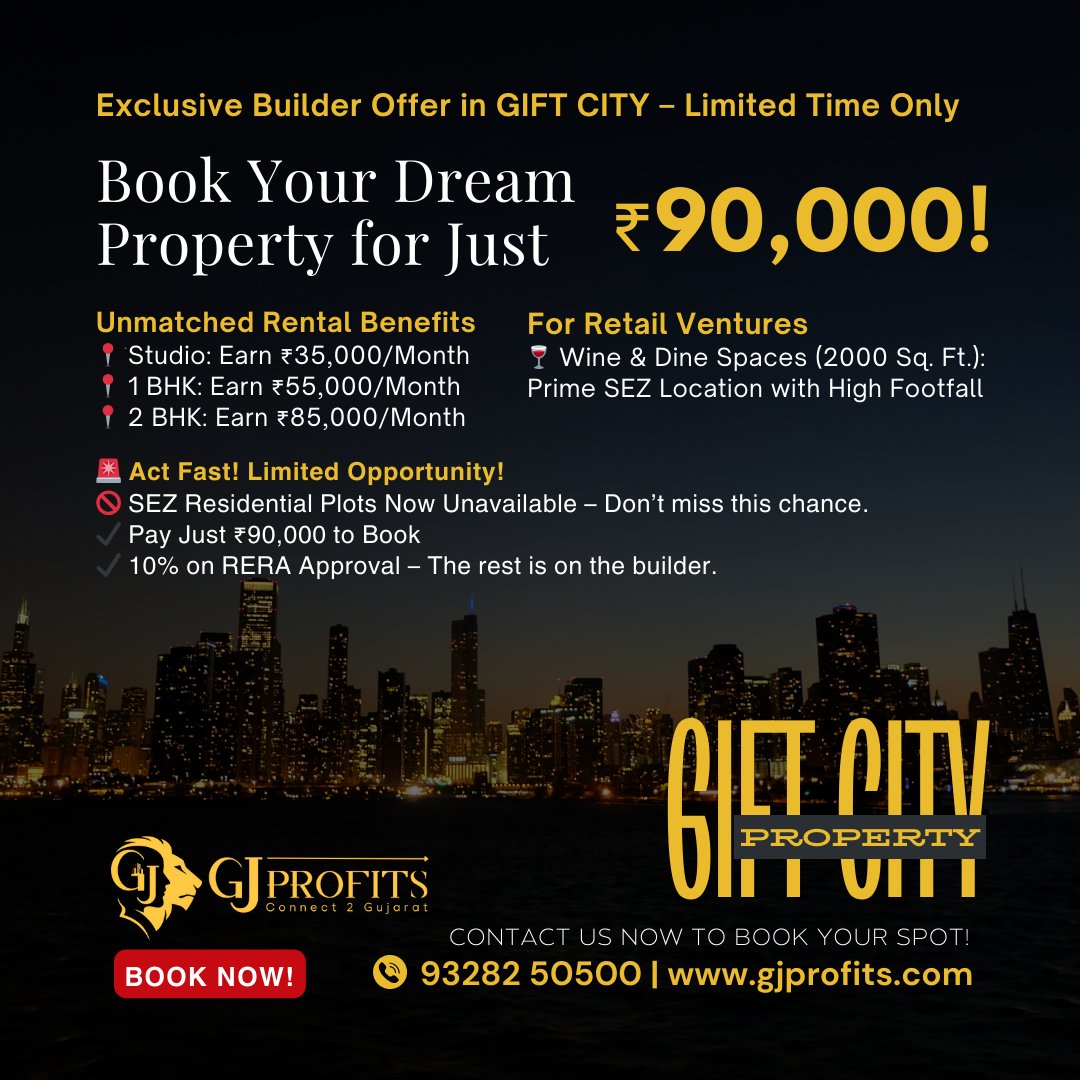 GjProfits's tweet photo. GIFT City Gujarat Book Now for Just ₹90,000, Pay 10% on RERA Approval—The Rest is Builder's Worry!
🏠 1 &amp; 2 BHK Studio Apartments &amp; Retail Spaces for Sale!
📞 93282 50500
🌐 https://t.co/xQq7mb80fC
#GiftCityProperties #giftcity #SmartCity #LuxuryLiving #BookNow #Investment https://t.co/pBzLgoAJ09