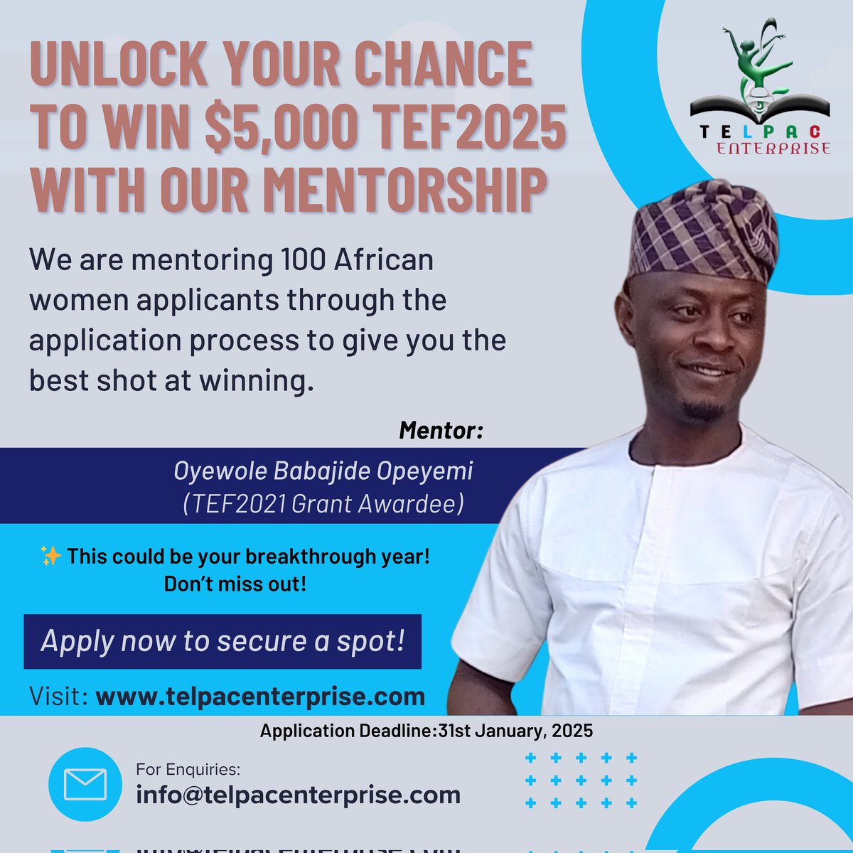 telpacenterpris's tweet photo. 🔥Meet Babajide🔥

Babajide is a TEF Grant Winner &amp; the visionary CEO of Excellency Innovation Concept &amp; General Consult.

As a seasoned mentor with TEF, he is ready to guide YOU in crafting a standout application to secure $5,000 grant.

📌Apply now: https://t.co/CPAH8YQr2F https://t.co/4s8uG3038r