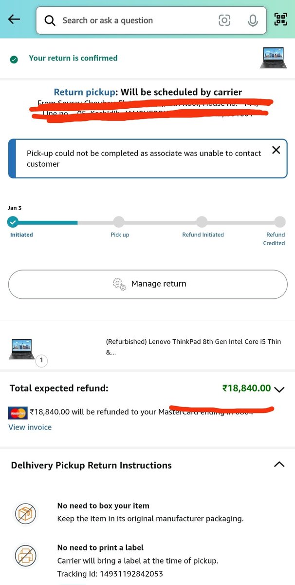 ajaysinghpurty's tweet photo. @amazonIN  
Hi team 
I have requested return Order return tracking id 14931192842053 but no response from courier service. Can you please take this on priority and help to pick up the return today ASAP. https://t.co/teARxumcMj