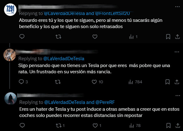 Estas son algunas de las lindezas que recibo yo y mis seguidores a diario de los educados fanboys del coche eléctrico. Relajaos un poquito esto es sólo una red social y además vuestros comentarios van a durar el tiempo que tardo en darle al botón silenciar y bloquear 🤣🤣