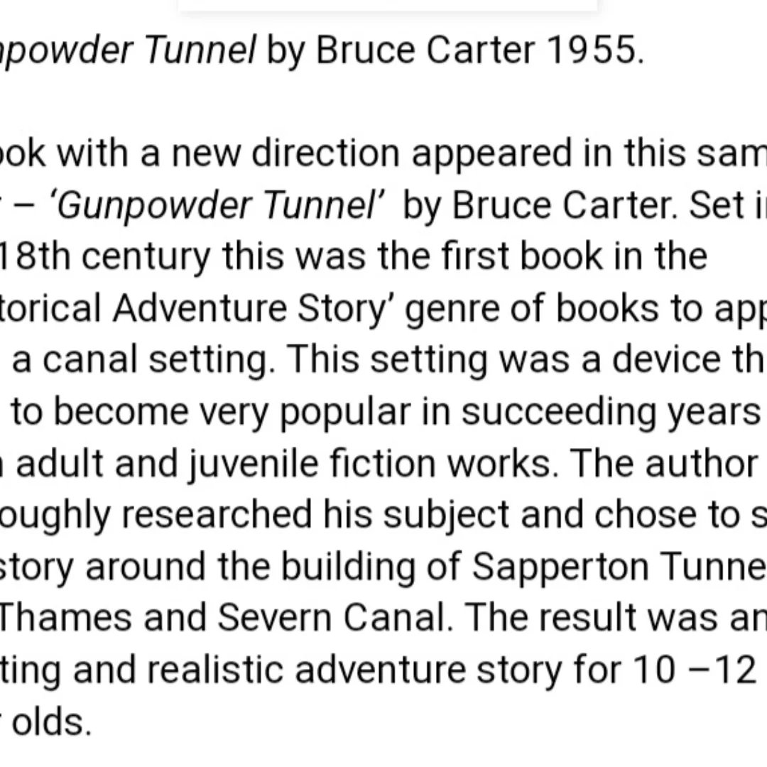 Have you got a copy of #Gunpowder Tunnel (Bruce Carter 1955) to sell or lend? I read it as a kid in the 60s &amp; it ignited my interest in canals.  It's based on the building of the #Sapperton #canal tunnel.  It's not on ebay,  amazon or in library.  THANKS!