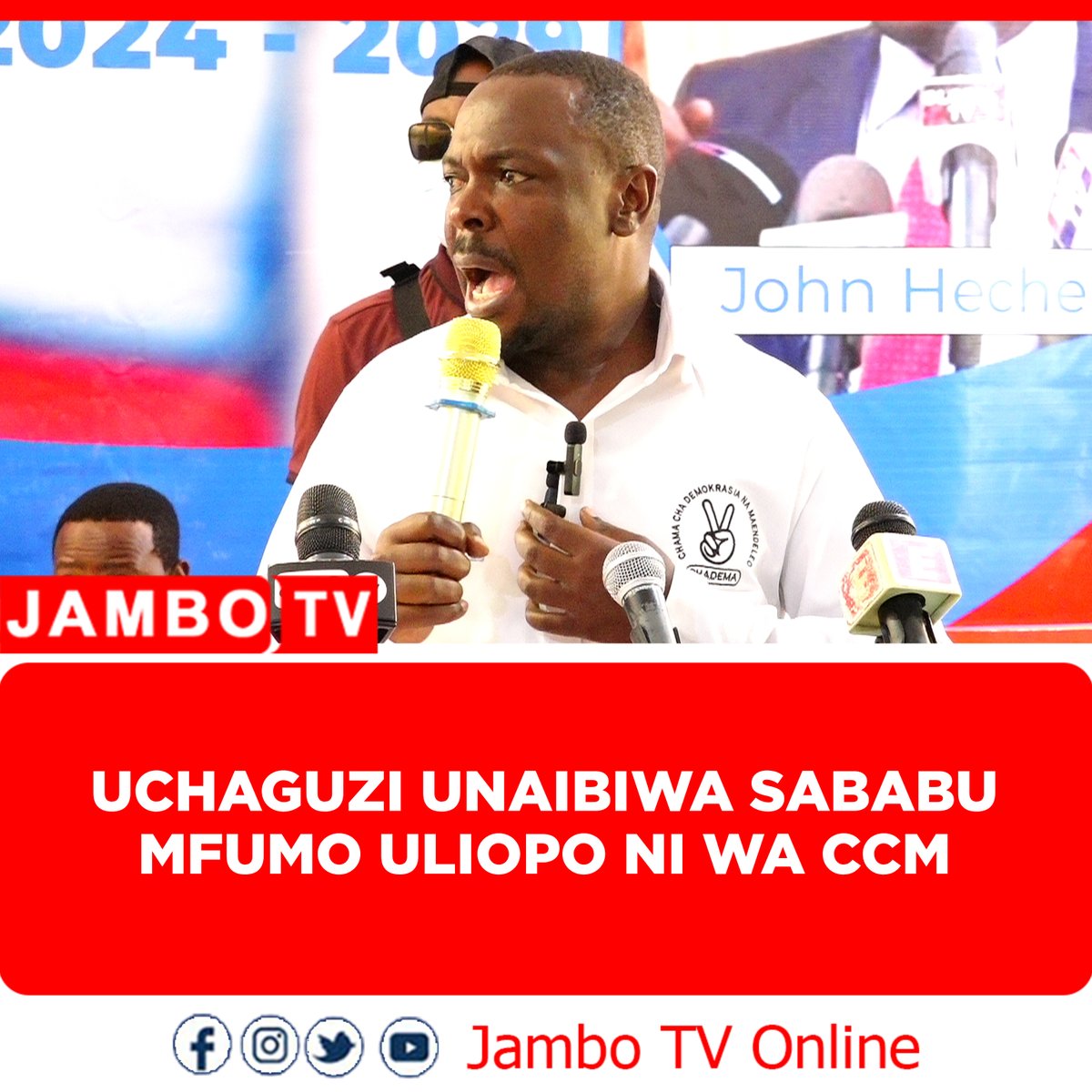 Jambotv_'s tweet photo. "Uchaguzi wa nchi hii (Tanzania) unaibiwa muda mrefu sana tangu miaka ya 90 baada ya uchaguzi wa vyama vingi wakina Mrema waliibiwa akaja Lowassa akaja kila mtu anajua Lowassa alishinda. Ni kweli kwamba Lowassa katika upitishwaji wake kuna watu ambao hawakuunga mkono lakini alishinda uchaguzi kwa CHADEMA aliibiwa uchaguzi 

"Lissu ameshinda uchaguzi, haya yote yamekuwa yakifanyika kwa sababu mfumo uliopo wa uchaguzi ni mfumo wa CCM wa chama kimoja unaopandikizwa kwa vyama vingi." - Heche.

Mjumbe wa Kamati Kuu ya CHADEMA @ChademaTz John Heche @HecheJohn akizungumza kwenye mkutano na wanahabari tarehe 5 Januari, 2024 katika ukumbi wa Nyakahoja uliopo karibu na ofisi za Halmashauri ya Jiji la Mwanza, mkoani Mwanza.