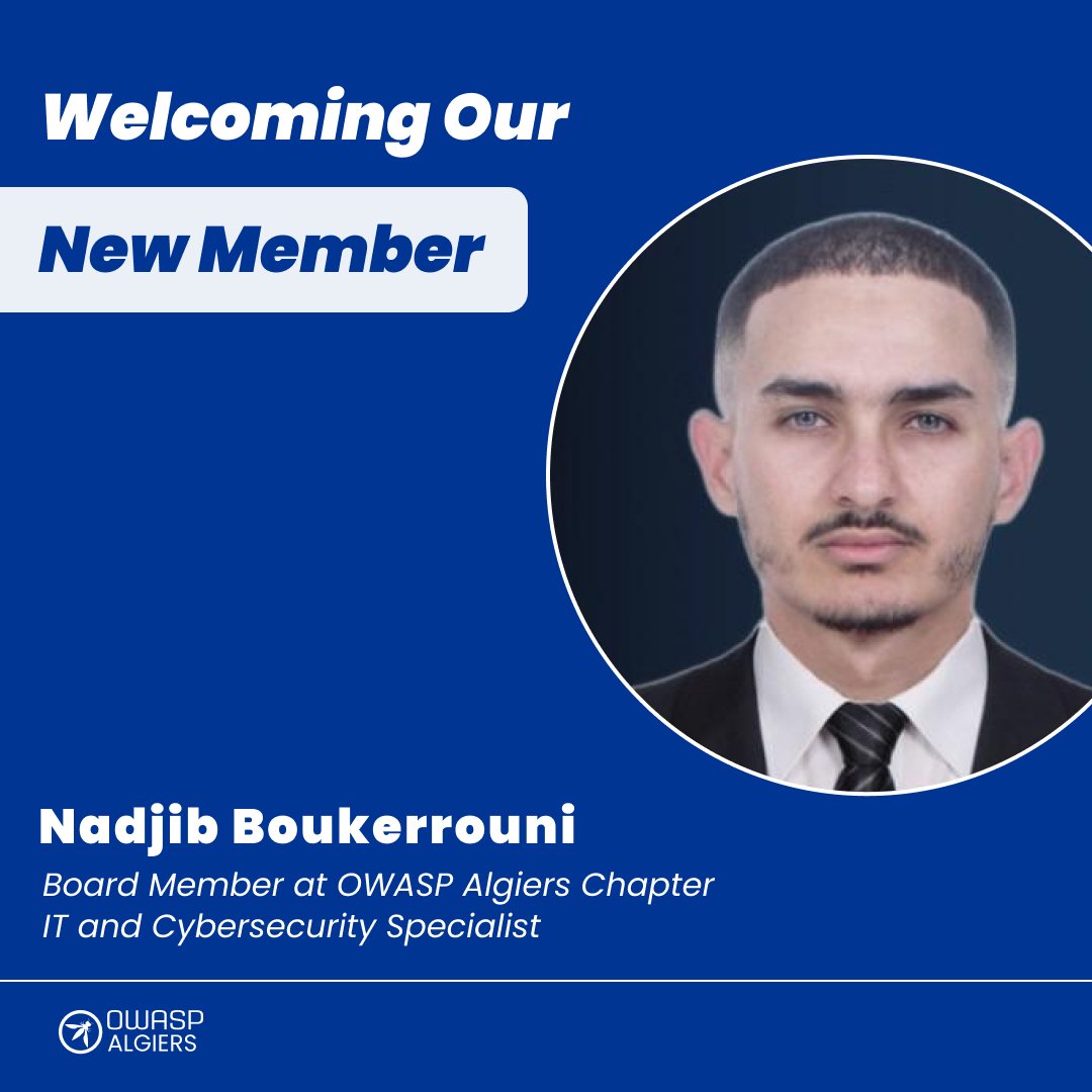 OWASP_Algiers's tweet photo. 🌟 Exciting News! 🌟
Please welcome Rafik Merah, Nadjib Boukerrouni, &amp; Ahmed Zaoui to the OWASP Algiers Chapter Board! 🎉
Their expertise in cybersecurity &amp; IT will strengthen our mission to foster a secure digital world. 💡

#OWASPAlgiers #CyberSec #Community https://t.co/KaQ1upO8lT