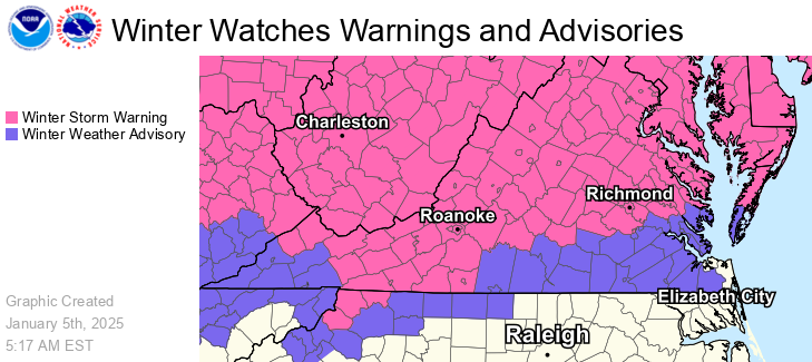 NWSWakefieldVA's tweet photo. Winter  Storm Warnings and Winter Weather Advisories are in effect for a large  portion of the area. See the images below for the latest snow and ice  accumulations expected from late Sunday through Monday night. https://t.co/bnMZxaOA23