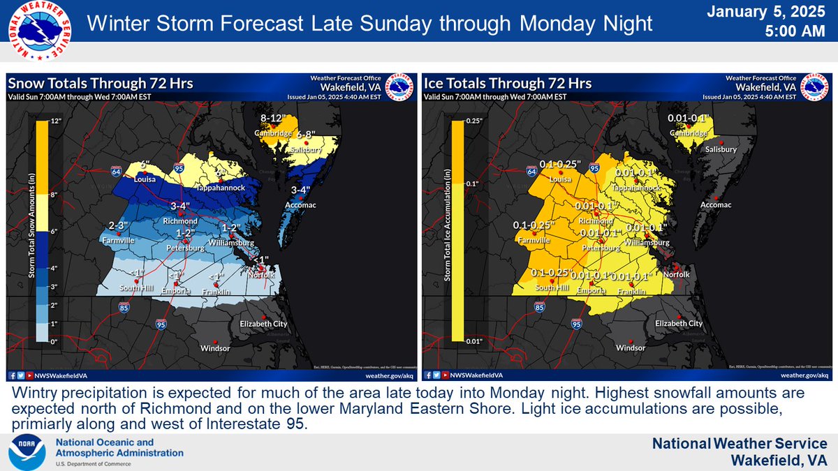 NWSWakefieldVA's tweet photo. Winter  Storm Warnings and Winter Weather Advisories are in effect for a large  portion of the area. See the images below for the latest snow and ice  accumulations expected from late Sunday through Monday night. https://t.co/bnMZxaOA23