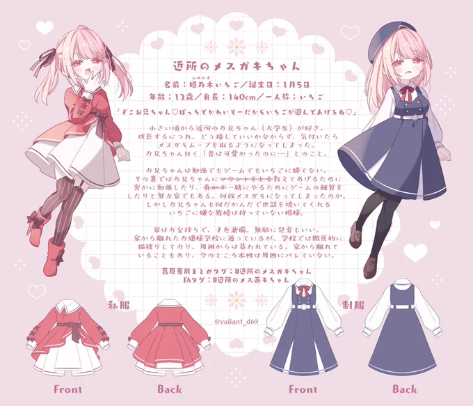 うちの子いちごのキャラ紹介です。ファンアートには#近所のメス画キちゃんをつけて投稿していただけたら嬉しいです#創作 #オリジナル #近所のメスガキちゃん 
