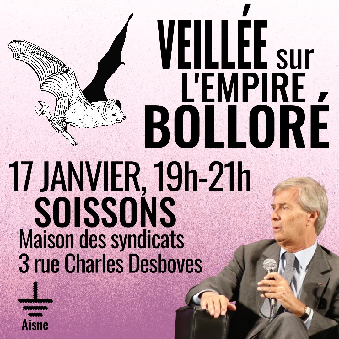 megacanalnon's tweet photo. 📅 vendredi 17 janvier 19h à #Soisson 

📣 Veillée sur l'empire Bolloré

#désarmonsles https://t.co/JveUu0H9Hg