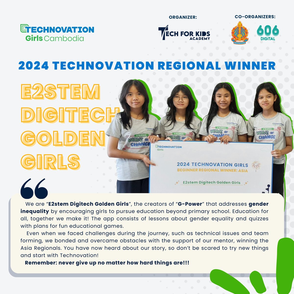 TechforKidsAcad's tweet image. Meet the E2stem Digitech Golden Girls, the Technovation Girls 2024 Asia Regional Winners! 🚀