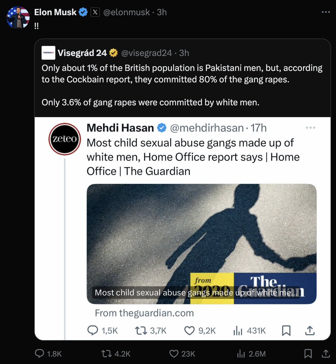 adityagaur03's tweet photo. "Elon Musk calls out UK’s silence on Pakistani grooming gangs 🚨🗣️

In a bold move, Musk accuses UK media of hiding the truth, says 80-90% of mass grooming crimes are by Pakistani-origin individuals.

Why is no one speaking up? https://t.co/OwMRB81R6b