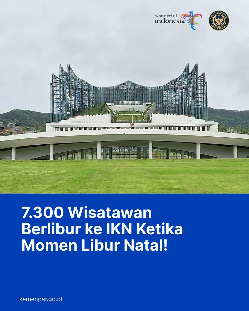 KemenPariwisata's tweet photo. Libur Natal kemarin, IKN jadi tujuan wisata populer banget! 7.300 orang datang dalam 2 hari, lho! 😲

Tapi, gimana sih cara seru dan aman buat berkunjung ke Ibu Kota Nusantara? Simak tips, info fasilitas kece, dan tentu aja aplikasi yang wajib kamu download di sini!📱

Penasaran? Cek info lengkapnya di postingan Mimin, dan siap-siap rencanain trip ke IKN! 🎉

#WonderfulIndonesia
#PesonaIndonesia
#DiIndonesiaAja
#BanggaBerwisataDiIndonesia