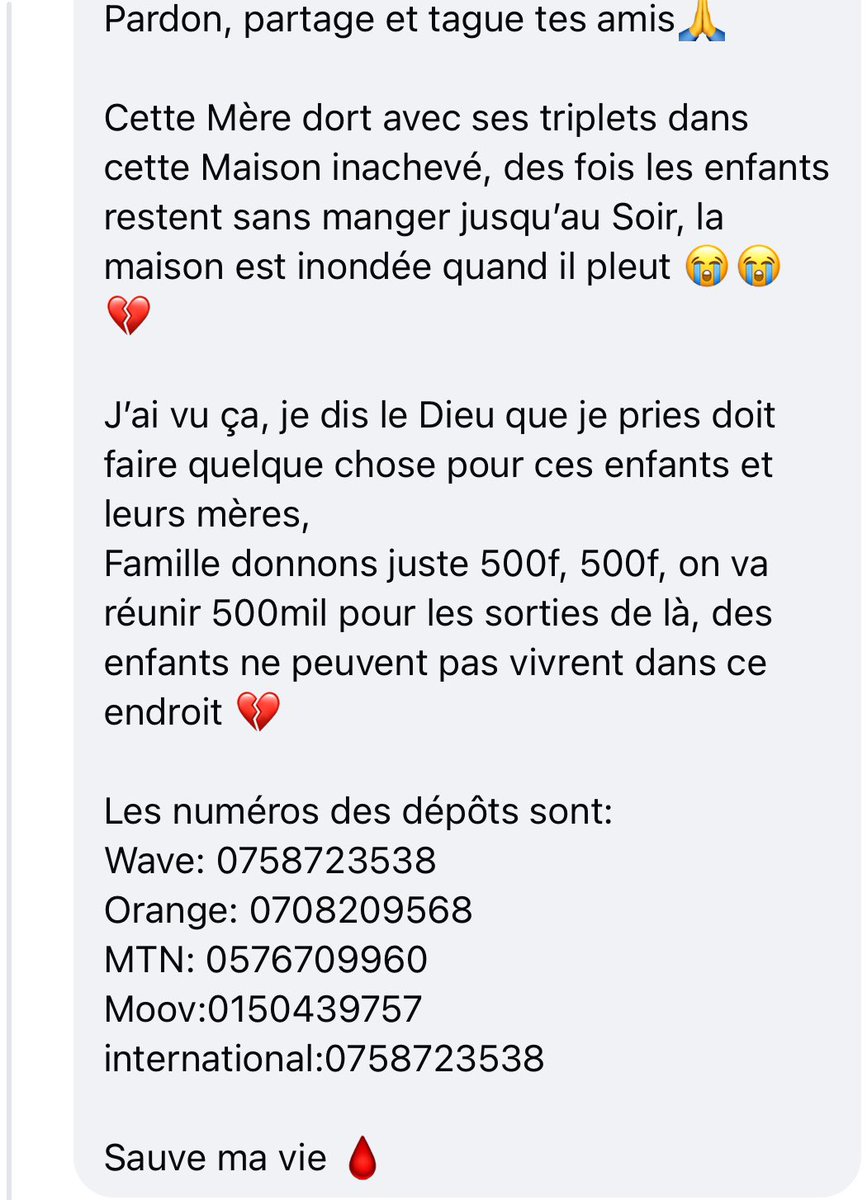cherifmohamed_'s tweet photo. Je n’ai pas pu m’empêcher de couler une larme 😭💔

Donnons juste 500f, 500f, on va réunir 500mil pour les sorties de là, des enfants ne peuvent pas vivrent dans ce endroit 💔

Les numéros des dépôts sont:
Wave: 0758723538
Orange: 0708209568
MTN: 0576709960

Sauve ma vie 🩸 https://t.co/hJbDyGKPSY