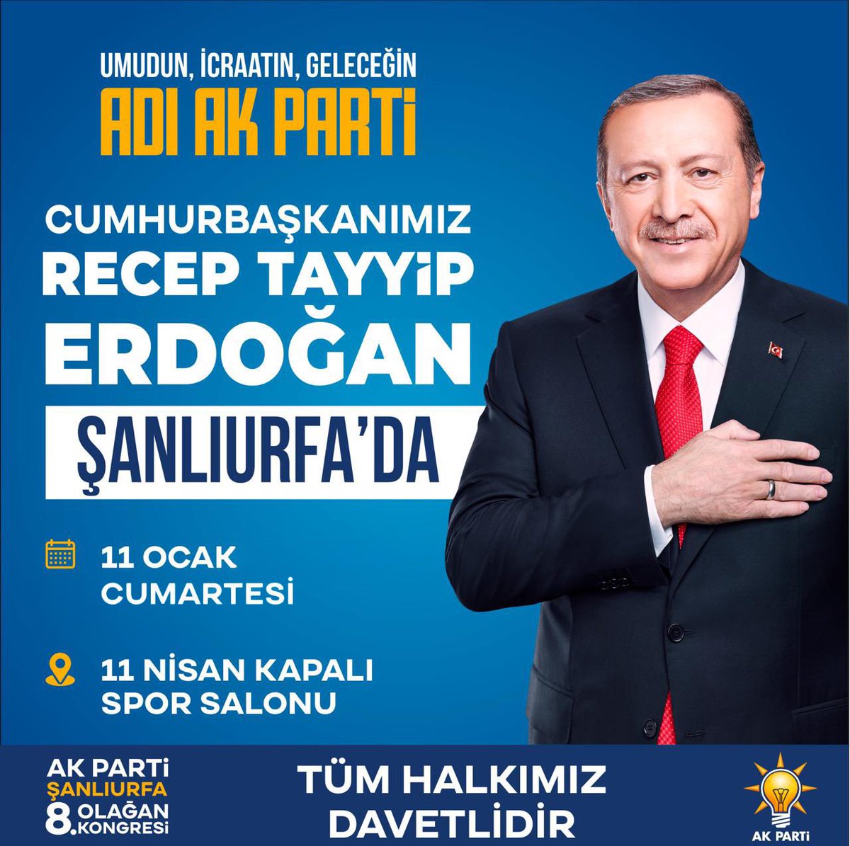 Dünya Lideri, Şanlıurfa'mıza geliyor...

Genel Başkanımız ve Cumhurbaşkanımız Sayın Recep Tayyip Erdoğan, Şanlıurfa'mıza teşrif ediyorlar.

Tüm Halkımız Davetlidir...

📅11 Ocak 2025 Cumartesi
📍11 Nisan Kapalı Spor Salonu

#SevdamızŞanlıurfa
<a href="/RTErdogan/">Recep Tayyip Erdoğan</a> <a href="/Akparti/">AK Parti</a> <a href="/erkankandemir/">Erkan Kandemir</a>