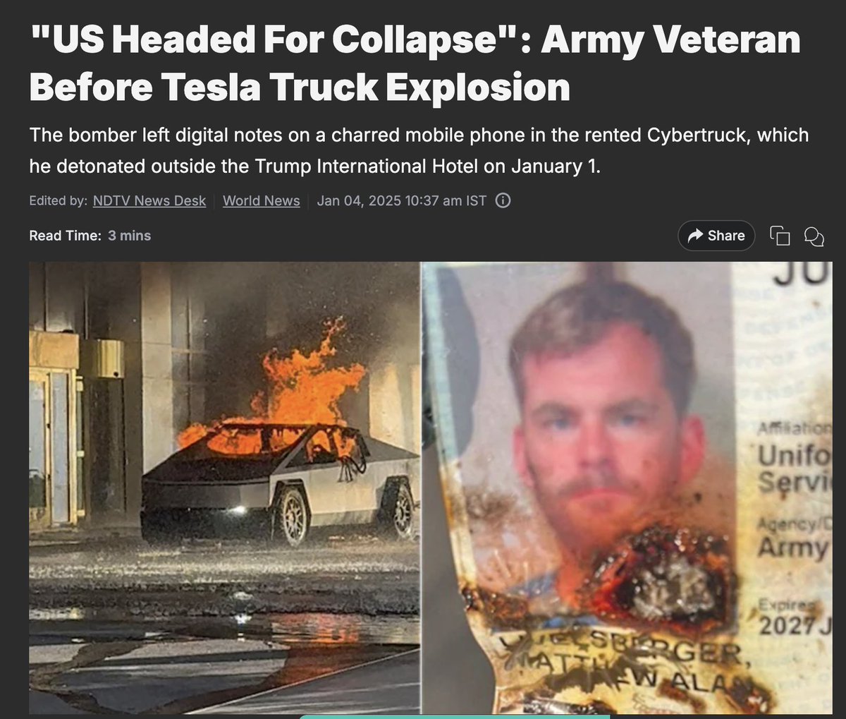 adityagaur03's tweet photo. 🚨 3 Attacks in 24 Hours Shake the USA!

Former US Army veterans are orchestrating bomb blasts, leaving chilling messages about the country's imminent collapse.

🔥 A Tesla exploded near Trump Hotel, sparking global concern. Is the USA heading towards chaos?
Thread🧵 https://t.co/CuuDUvikss