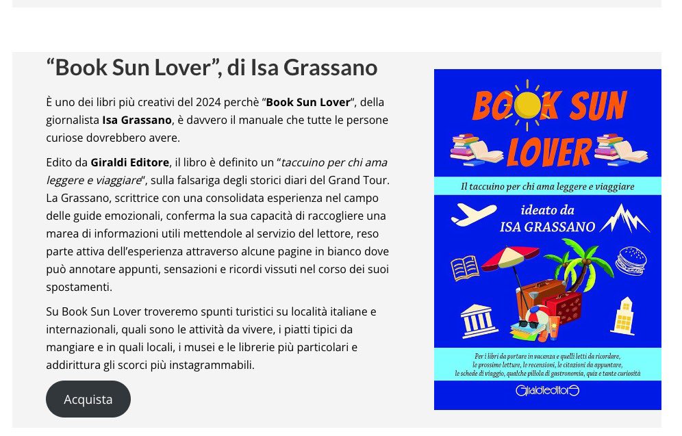 La Gazzetta del Gusto ha inserito tra i 10 libri da leggere nel 2025 il Taccuino  "Book Sun Lover" di <a href="/IsaGrassano/">IsaGrassano</a> 

gazzettadelgusto.it/libri-guide-ri…

#recensione #diconodinoi #rassegnastampa #lagazzettadelgusto #booksunlover #isagrassano #giraldieditore