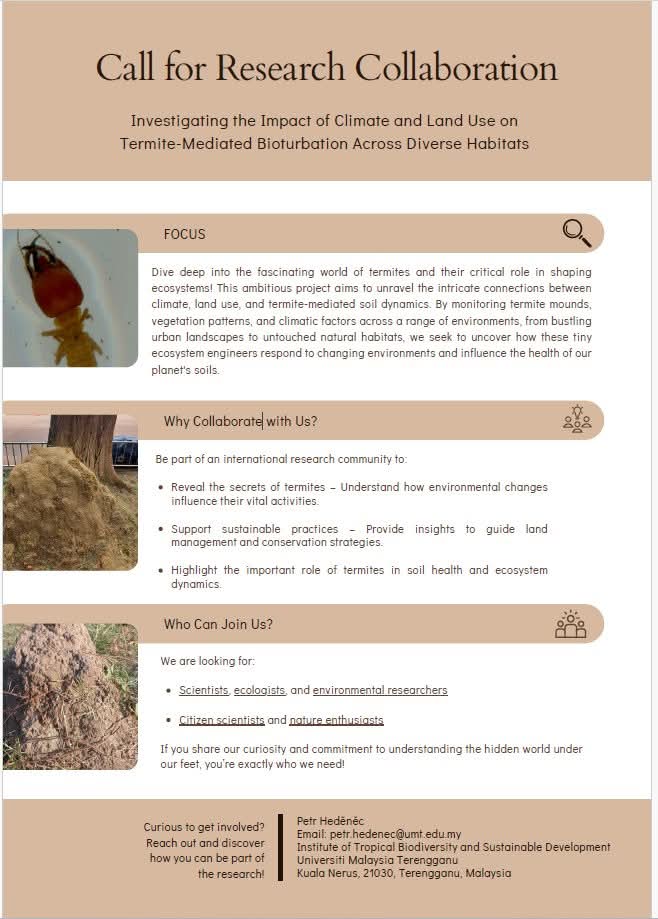 Hedenec's tweet photo. Call for international collaboration to estimate how much soil is processed by termites through bioturbation.

 #bioturbation  #termites  #anaianai #mouds #landuse #research https://t.co/OEP5zYYsi6