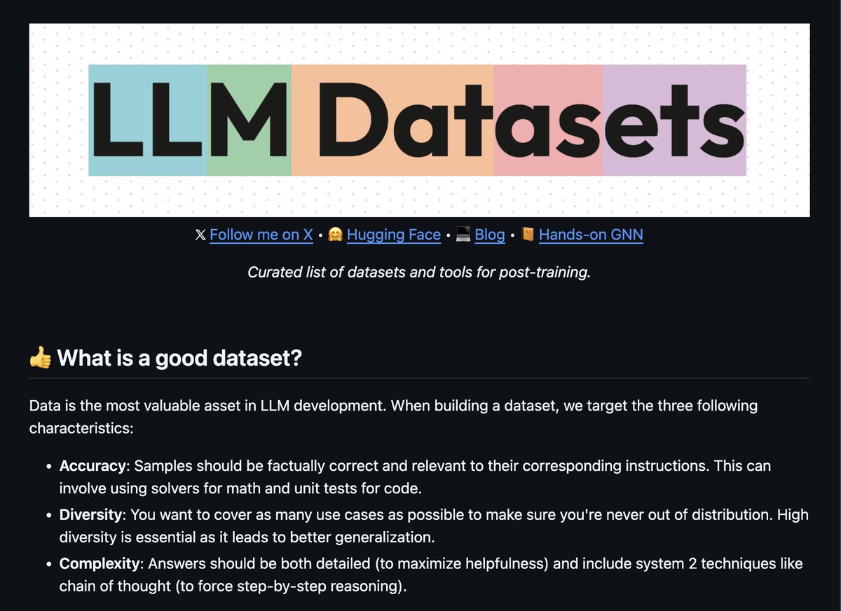 maximelabonne's tweet photo. 💾 LLM Datasets v2.0

Massive update to the repo that inspired Phi-4 (;)) with new datasets, categories, and tools. I also reworked the text to make explanations clearer and more up-to-date.

Check it out for your next run: https://t.co/hmV8CnflCN