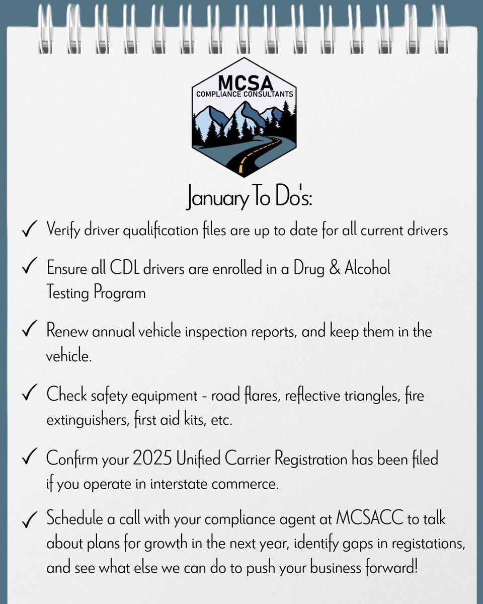 ComplianceMcsa's tweet photo. Kick off the New Year with compliance in check! ✅ 
Here's your January To-Do List to ensure your fleet starts 2025 strong. Need support? We're just a call away! 🚛

#DOTCompliance #NewYearChecklist #MCSAComplianceConsultants https://t.co/mkP9R7MyNK