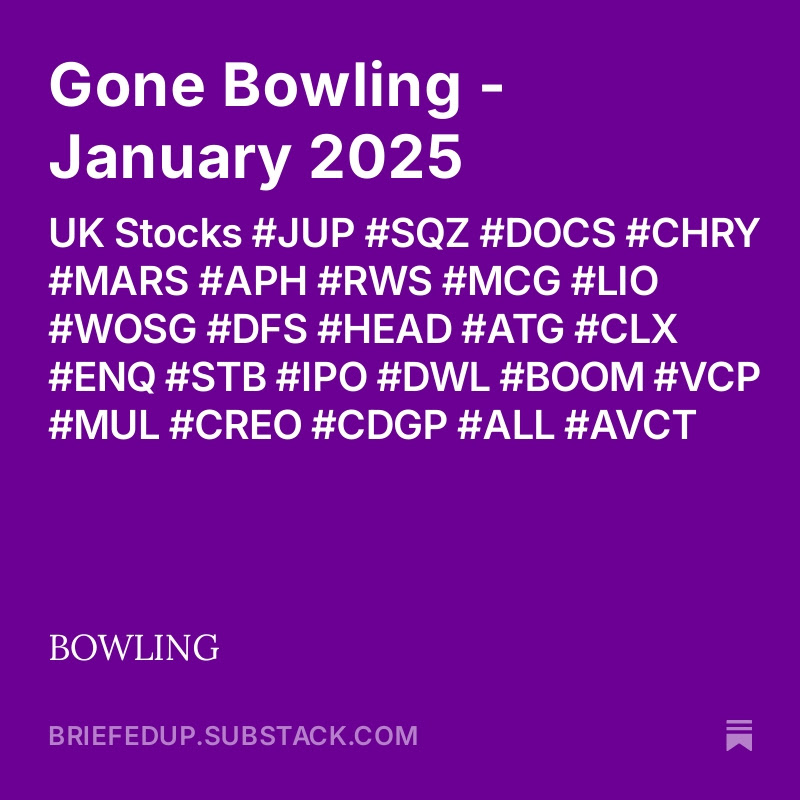 BriefedUp's tweet photo. Gone Bowling - January 2025
UK Stocks #JUP #SQZ #DOCS #CHRY #MARS #APH #RWS #MCG #LIO #WOSG #DFS #HEAD #ATG #CLX #ENQ #STB #IPO #DWL #BOOM #VCP #MUL #CREO #CDGP #ALL #AVCT
https://t.co/2OlDzry021 https://t.co/1gYoxwEcUc