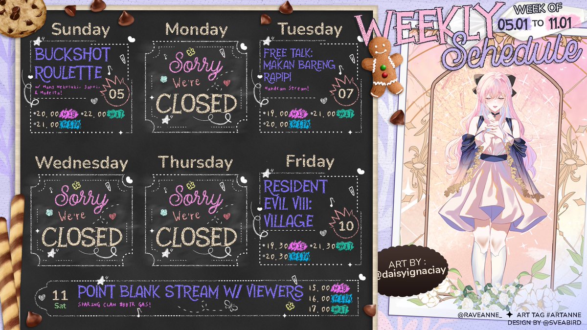 raveanne_'s tweet photo. [ WEEKLY SCHEDULE ] 🐇🌸
SKEJUL MINGGU INI GUSYY! Hari ini bakalan ada collabo Buckshot Roulette ama @/madeltangapung @/MangNekosuki @/Majima_Japoi, apakah akan harmonis HIHIHI🫣

Terush terush kita bakal main RE8 village hari Jumat, plus kita bakal clan war #BBTR hari Sabtu nanti gusyyy🔥

See uuu! 🐇🌸
