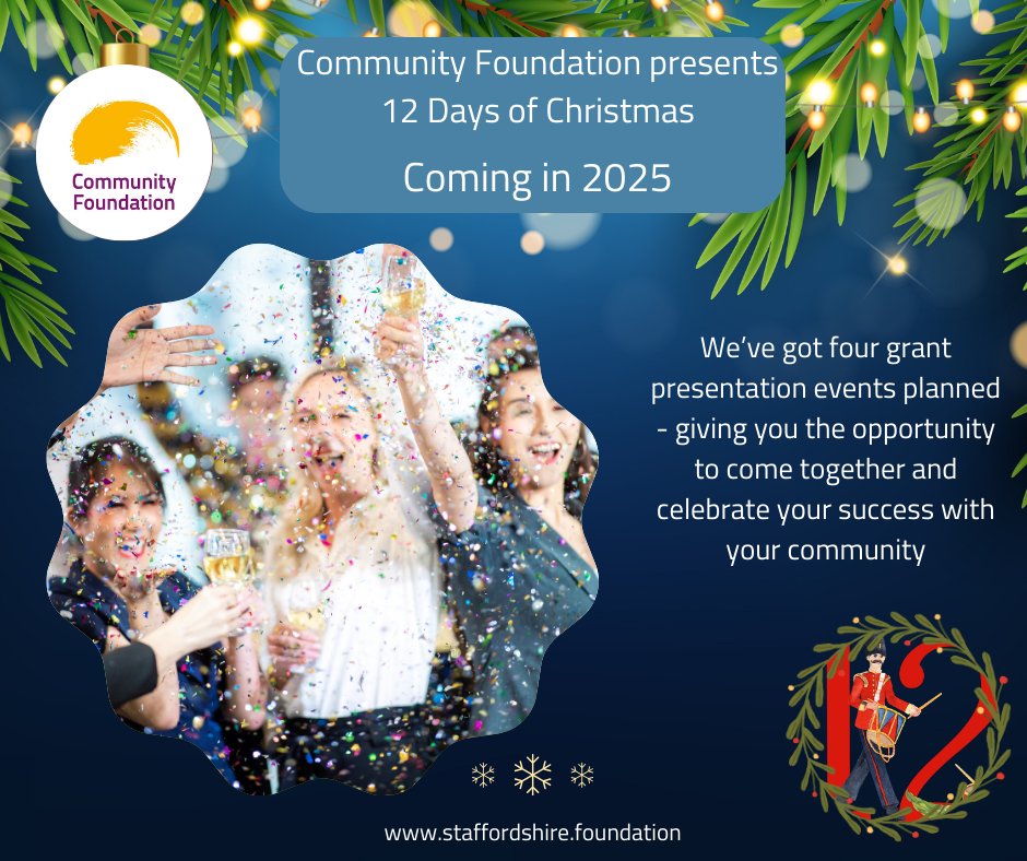 Coming up in the next year

On the twelfth day of Christmas.....

We'll be holding grant giving events throughout the year, giving recipients the opportunity to come together and celebrate their success, as well as share news of their activities with the community and our donors