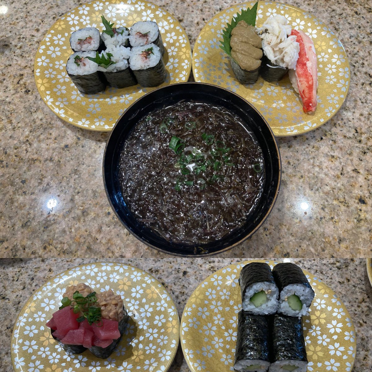 ayudabe's tweet photo. #lunch 盛岡市 アクロスプラザ盛岡みたけ 函太郎アクロスプラザ盛岡みたけ店 梅しそ巻•ずわいがに三昧•ふのり味噌汁•まぐろ納豆軍艦•かっぱ巻 #回転寿司 #函太郎 #盛岡 #morioka #pointcard 一番食べたかった芽ねぎが入荷待ち(ノ_<) がっくり https://t.co/NcFAPc7Tqu