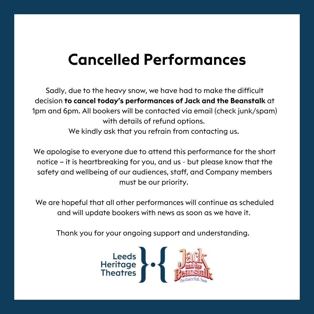 A notice for bookers of today's performances of Jack and the Beanstalk: The Rock 'n' Roll Panto.