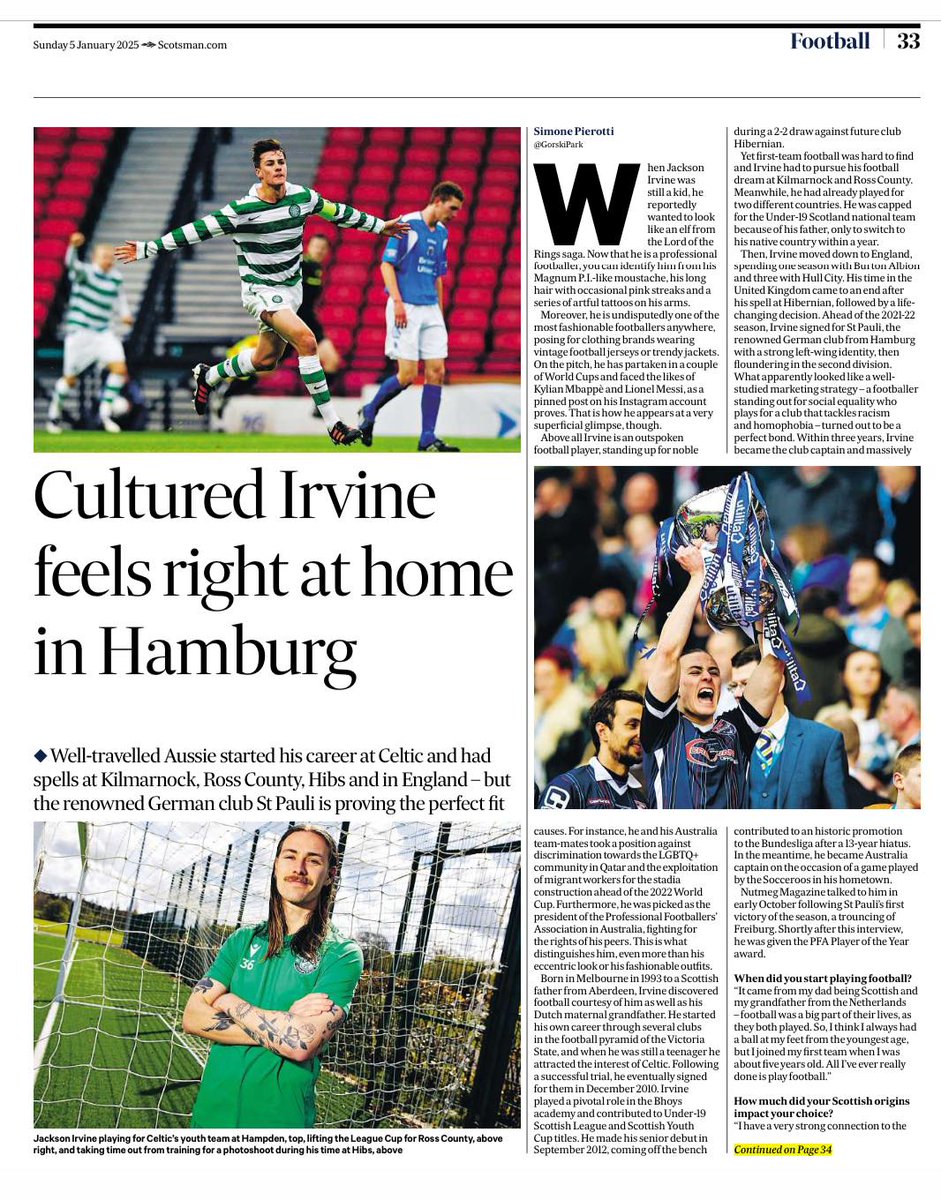 Issue 34
🗞️ There's an extract from the latest issue in today’s <a href="/scotonsunday/">Scotland on Sunday</a> 

Simone Pierotti speaks to Jackson Irvine about his time at <a href="/CelticFC/">Celtic Football Club</a> <a href="/HibernianFC/">Hibernian Football Club</a> <a href="/RossCounty/">Ross County FC</a> and <a href="/KilmarnockFC/">Kilmarnock FC</a> as well as life in Hamburg at <a href="/fcstpauli/">FC St. Pauli</a>

You can still buy Issue 34 here
🛒