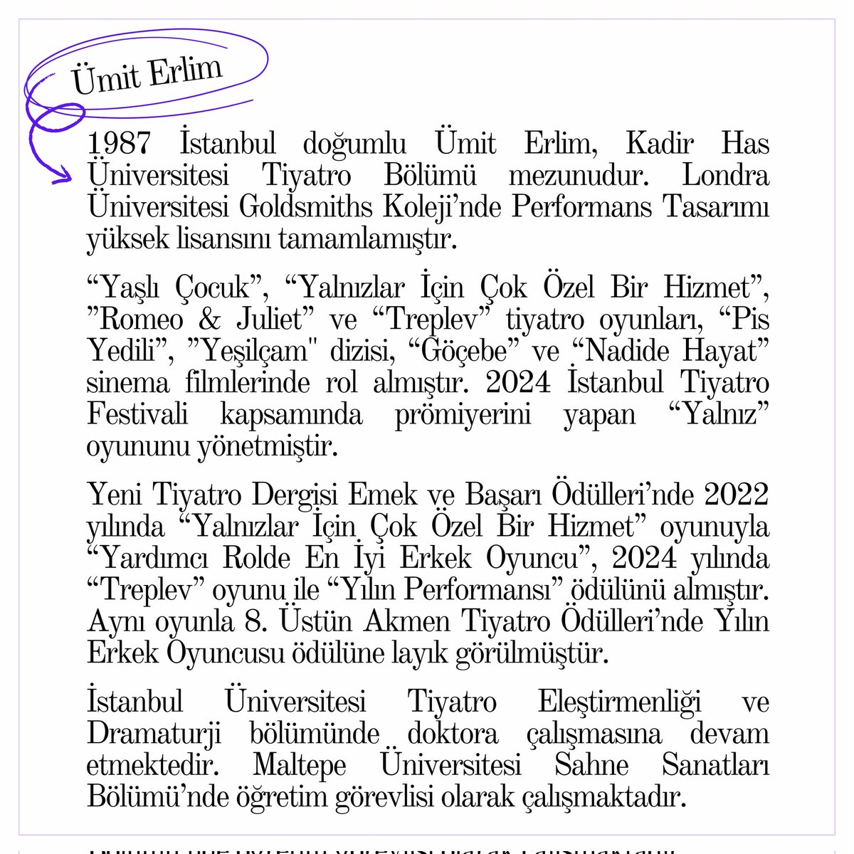 umiterlim's tweet photo. Laban 360 atölyesi Şubat'ta Koma'da.
🖋️ “Her performans bir anlamda kahramanın yolculuğudur; karakterden, anlatılan hikayenin ve çevrenin koşulları içinde içsel değişimleri ve etkileri gerçekten yaşamasını bekleriz.”
🎟️ Kayıt ve detaylı bilgi için: umiterlimatolye@gmail.com https://t.co/Pe2j5QOEFb