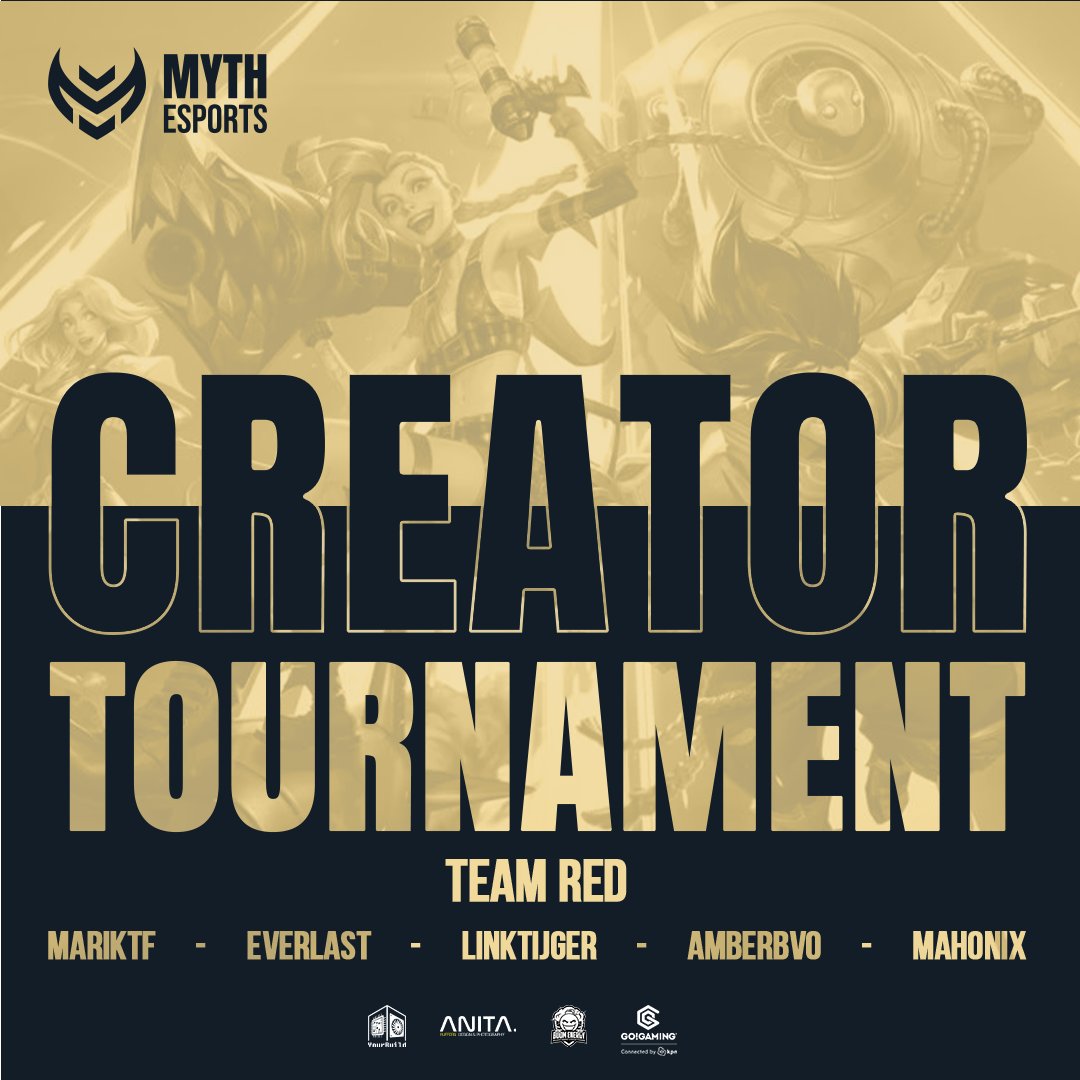 Introducing the first team to join the MYTH INVITATIONAL LoL Creator Tournament on January 26th— TEAM RED!

<a href="/MVRIKTF/">MarikTF</a> 
@EverlastHD 
<a href="/LinkTijger/">LinkTijger</a> 
<a href="/AmberBVO/">AmberBVO | Twitch streamer & Tattoo artist</a> 
<a href="/MahonixMan/">Mahonix</a>
