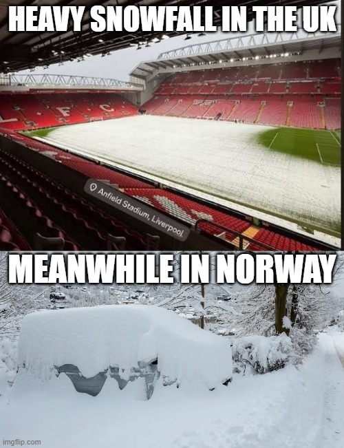 Razzbender's tweet image. Wow.  That looks like a solid half inch on snow alright. Sending thoughts and prayers from Norway. 

#Anfield