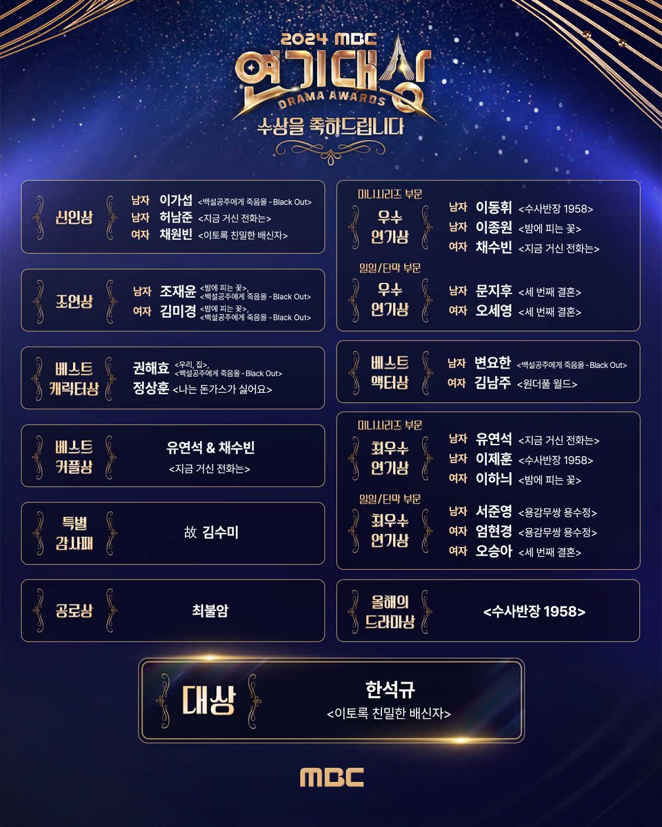 🏆#2024MBC연기대상🏆
수상자분들 모두 진심으로 축하드립니다.

#2024MBC연기대상 #mbcdrama #MBC