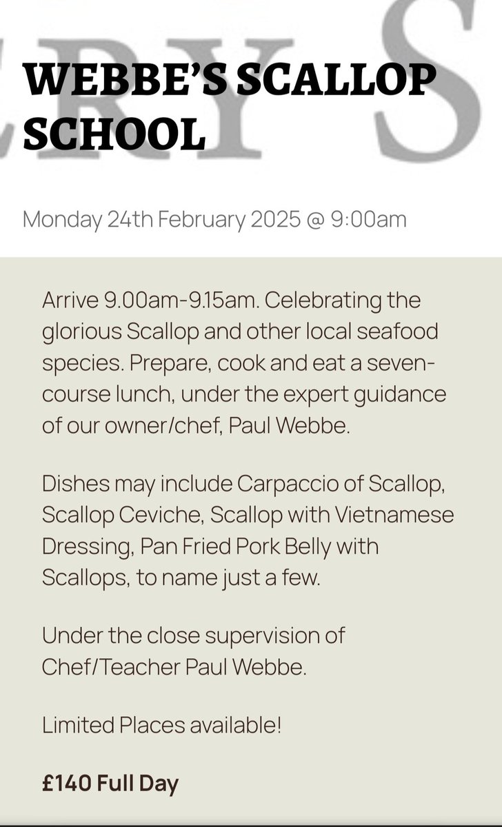 Webbe's Scallop School 
One day course
24th and 25th Feb 2025 
#Rye 

#EastSussex #1066Country
#ScallopSchool #scallops

scallop.org.uk/event/webbes-s…