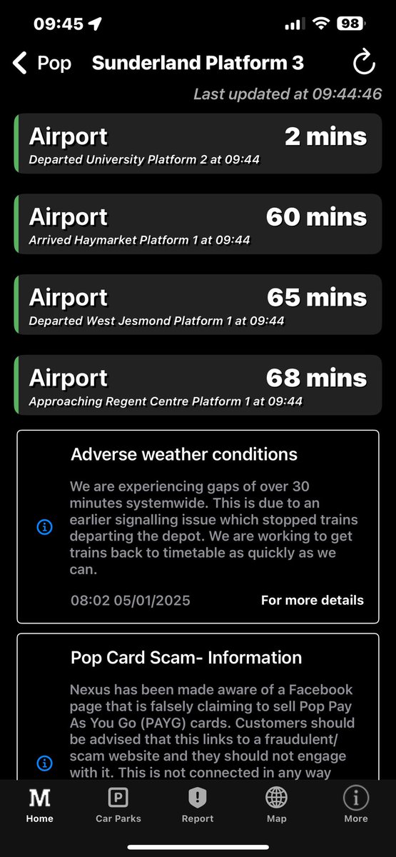 Saw this this morning on the POP app Can someone in charge at Nexus give your head a shake as there was 58 mins between trains to Sunderland