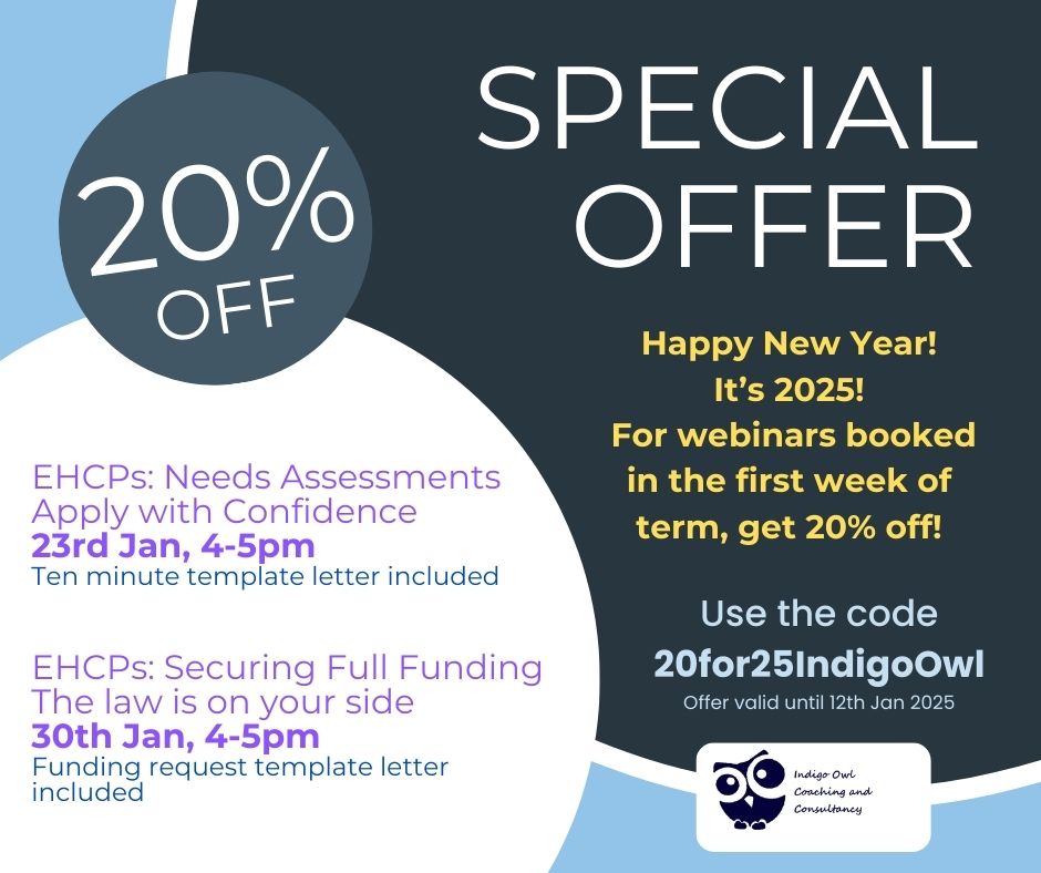 IndigoOwlCoach's tweet photo. Happy New Year!
By popular request, I am running some more EHCP funding and EHCNA webinars highlgihting how the law supports you and your students. Free template letters included. 
20% off for bookings made in the first week of term!
https://t.co/mCwr8aSvv0 

#senco #ehcp #send https://t.co/z3T86I33vC