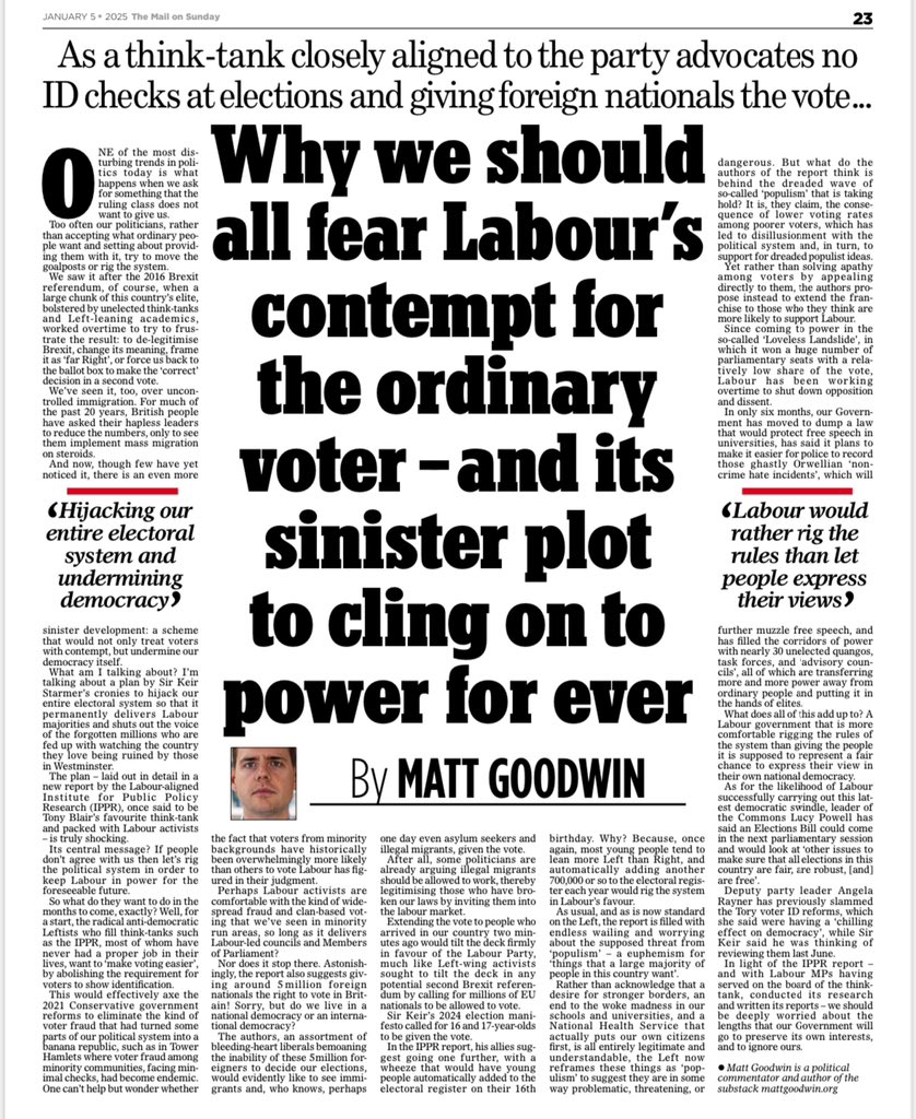 GoodwinMJ's tweet photo. The Labour Party want to give votes to foreigners, power to unelected quangos, make voter fraud easier and rig the system in their favour. 

My latest in the Mail on Sunday
https://t.co/BXzckb82TF https://t.co/eYzM85eVRA