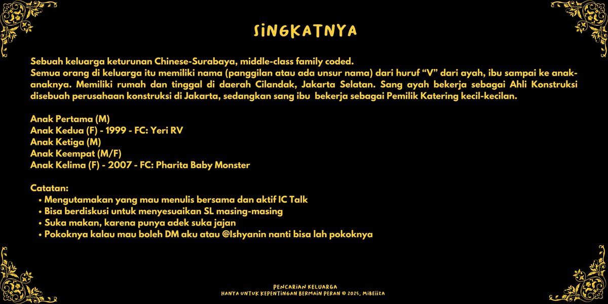 mibeIIza's tweet image. ️️
 ️️

  ️️

[ BANTU RT REK ] 

Sedang mencari manusia luntang-luntung (nggak punya keluarga) untuk mengisi kekosongan slot keluarga kami. SL masih bisa didiskusikan, bisa jatuhkan diri apabila berminat ya. 
💃🕺
    ️️
 ️️
 ️️
 ️️