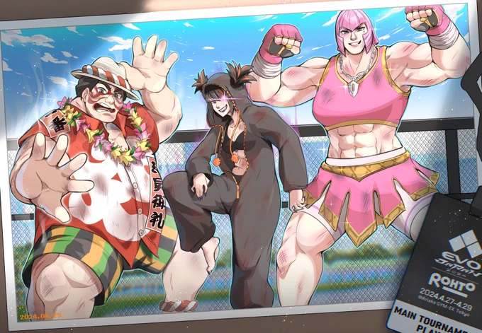 リアフレ3人が参加したEVO2024の記念絵できましたー!!!描いたことないキャラが多くてかなり時間かかったけど…なんとかできてよかったっ!!! 