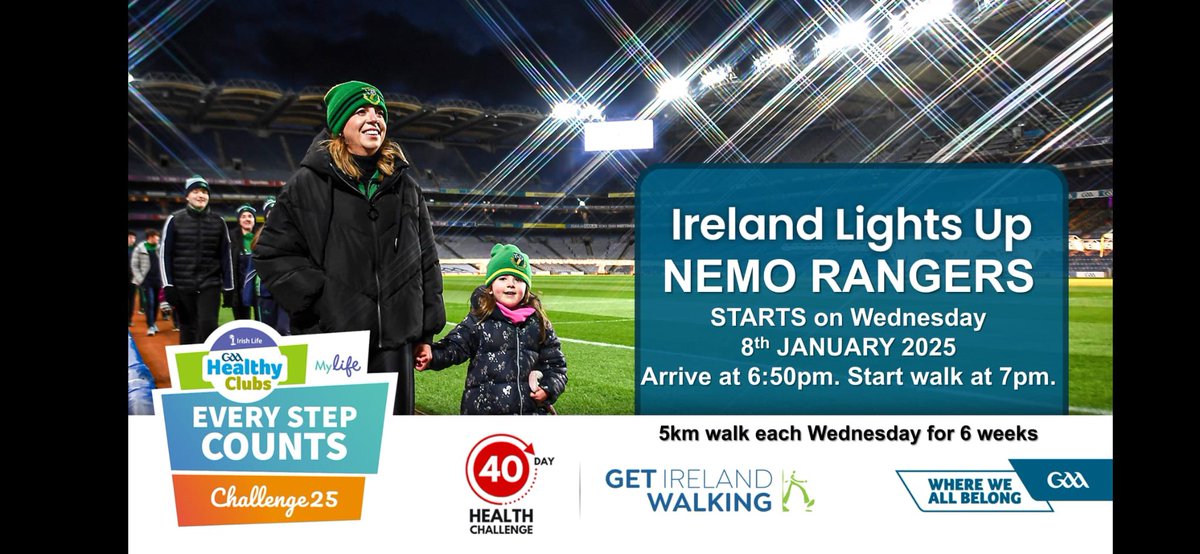 NemoRangersGAA's tweet photo. Ireland Lights Up starts on Wednesday. Meet at the club at 6.50pm to register. Leave the club at 7pm. 5km walk. Tea, coffee and chat in the club afterwards. 💚🖤 https://t.co/apfQIvVxIb