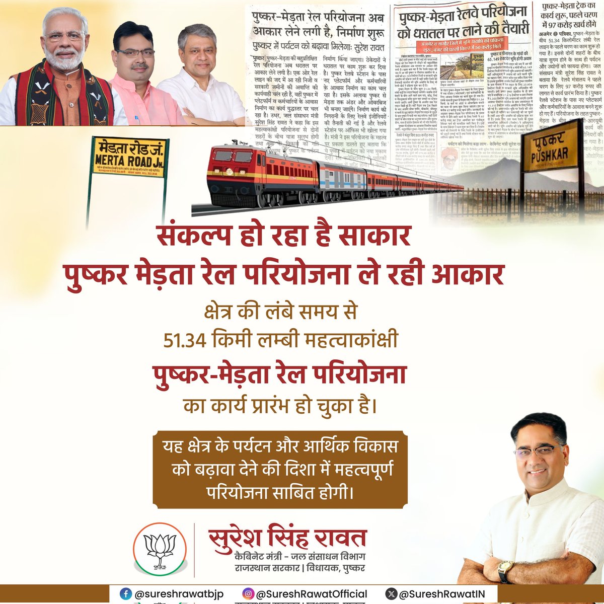"संकल्प हो रहा है साकार
पुष्कर मेड़ता रेल परियोजना ले रही आकार"

क्षेत्र की लंबे समय से 51.34 किमी लम्बी महत्वाकांक्षी पुष्कर-मेड़ता रेल परियोजना का कार्य प्रारंभ हो चुका है। 

यह क्षेत्र के पर्यटन और आर्थिक विकास को बढ़ावा देने की दिशा में महत्वपूर्ण परियोजना साबित होगी।